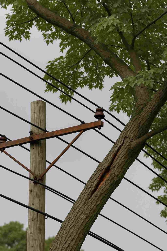 leaning tree near power lines